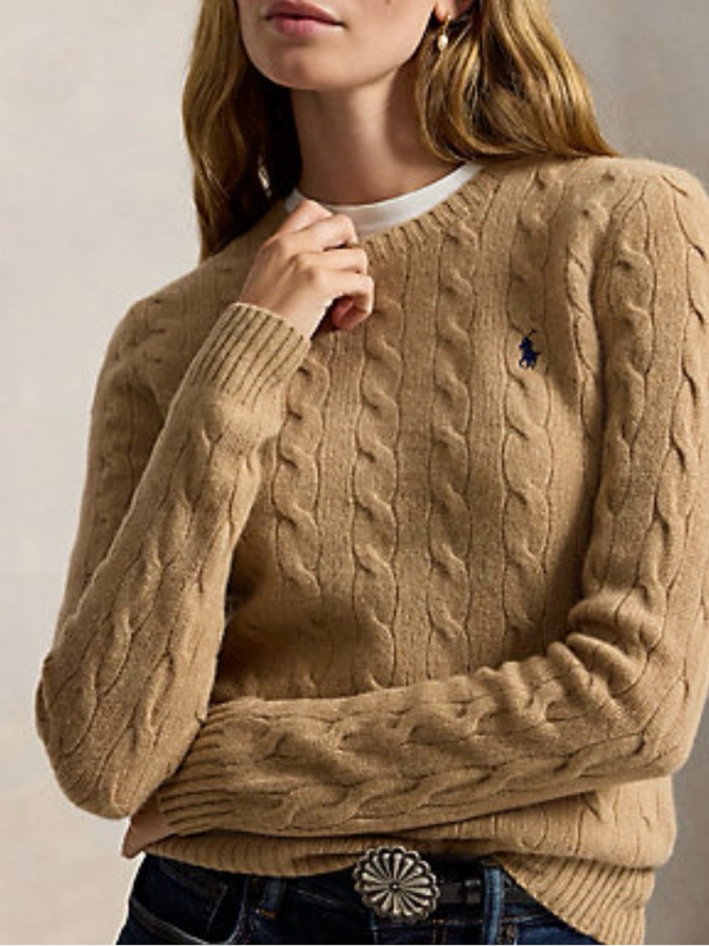 Polo by Ralph Lauren Camel Cable-Knit Crewneck Sweater with Navy Logo